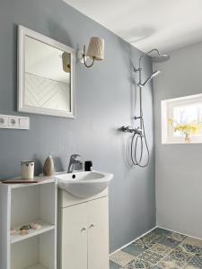 een badkamer met een witte wastafel en een spiegel bij Katrina Summer House in Jūrmalciems