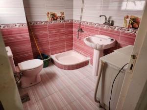 een roze badkamer met een toilet en een wastafel bij شقه الهاني in Marsa Matruh