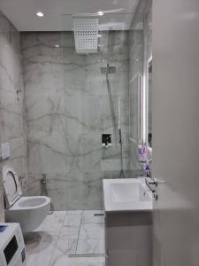 La salle de bains est pourvue de toilettes et d'un lavabo. dans l'établissement Anika Home Tirana 1, à Tirana