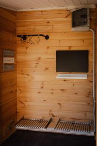 OrtenbergにあるTinyhaus & Souterrain Apartment in Ortenbergの木製の壁にテレビが備わる部屋