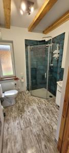 a bathroom with a shower and a toilet and a sink at Domki w Bieszczadach in Ustrzyki Dolne +15 photos