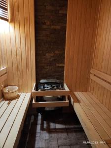 a sauna with a stove in the middle of it at DeTY's Apartment in Burgas City