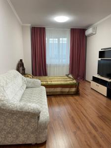 a living room with a couch and a television at Уютная квартира на левом берегу Астаны in Taldykolʼ