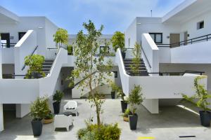 an apartment building with stairs and potted trees at Zoi Ayia Napa in Ayia Napa