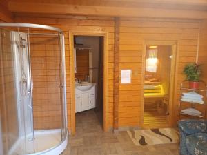 a bathroom with a shower and a sink at Josephus Vendégház in Kötcse