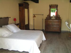 een slaapkamer met een bed, een dressoir en een spiegel bij A L'Olivier in Montcaret
