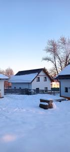 a white building with snow on the ground at Apartmán na Žlábku in Horní Planá