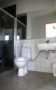 a bathroom with a toilet and a sink at SAXA Guesthouse in Stöðvarfjörður