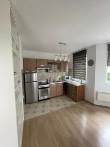 a kitchen with wooden cabinets and stainless steel appliances at Guest House Green Field in Sarajevo