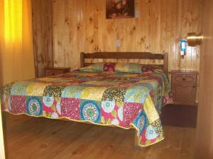 1 dormitorio con 1 cama y pared de madera en Hostal Austral, en Ancud
