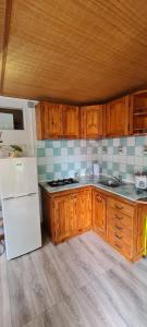 勒唐蓬的住宿－Fleur de vanille，厨房配有白色冰箱和木制橱柜。