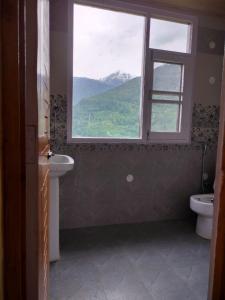 a bathroom with a window and a sink and a toilet at Cabin in the Woods in Vashisht