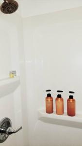 drei Flaschen auf einem Regal in einem Badezimmer in der Unterkunft Spacious Cozy 2 Bedroom - Near EWR/NYC/OUTLET MALL in Newark