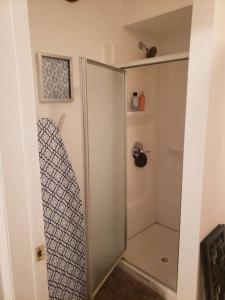 eine Dusche mit Glastür im Bad in der Unterkunft Spacious Cozy 2 Bedroom - Near EWR/NYC/OUTLET MALL in Newark