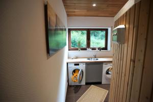 een wasruimte met een wasmachine en een wastafel bij Mill Valley Casa in Koblenz