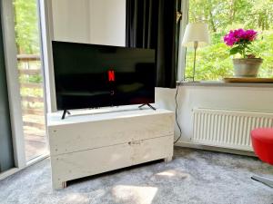 a television on a dresser in a living room at Heerlijk Huisje in het bos op Chaletpark Kempenbos in Diessen