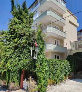 a tall building with a tree in front of it at Dunya Pansiyon in Çanakkale