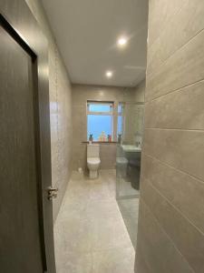 a bathroom with a toilet and a sink and a window at Ard na Gréine in Stradbally