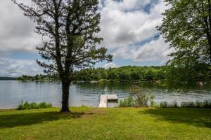 a bench sitting on the grass next to a lake at Just Around the Dilly in Swanton