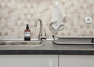 a kitchen sink with a bottle of soap on it at Central Park Apartments in Koprivnica +40 photos