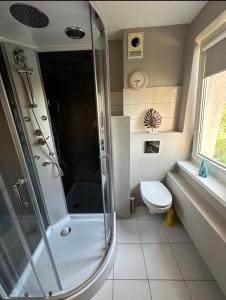 a bathroom with a shower and a toilet at Gdańska Marina- Śródmieście in Gdańsk