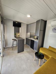 ein Wohnzimmer mit einem gelben Sofa und einer Küche in der Unterkunft BIG BERRY Kolpa - MerryBerry mobile house in Metlika