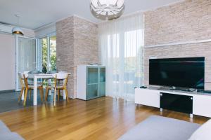 een woonkamer met een televisie en een tafel met stoelen bij Edonia Garden Home Comfortable & stylish duplex apartment with relaxing private garden in Brodarica