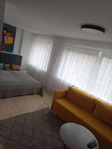 a living room with a couch and a bed at City center apartment in Klaipėda