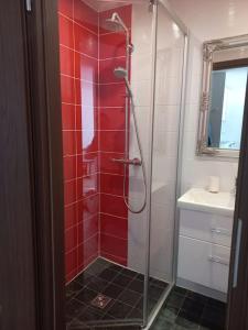 baño con ducha de azulejos rojos en City center apartment, en Klaipėda