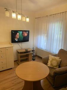 un soggiorno con un divano, un tavolo e una TV di Apartament KRYNICZANKA a Krynica Morska