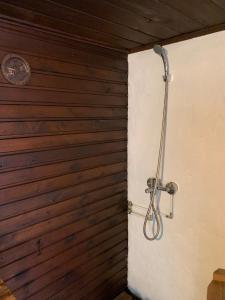a shower in a room with a wooden wall at Palu Meeleolutalu 