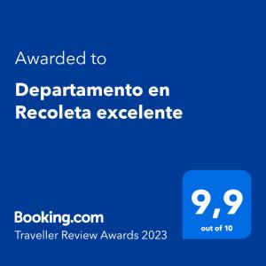 Sertifikat, penghargaan, tanda, atau dokumen yang dipajang di Departamento en Recoleta excelente