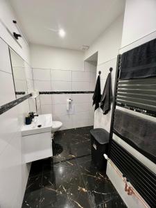 Baño en blanco y negro con lavabo y espejo en Apartmány Pískovna Assen, en Ostrava