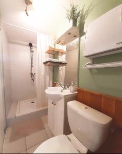 Baño pequeño con aseo y lavamanos en Gîte des fauvettes, en Lorlanges