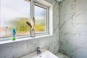 un baño con lavabo y una ventana con un pájaro. en Hudson Apartment, en East Kilbride 12 fotos más