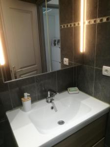 een badkamer met een wastafel en een spiegel bij appartement avec jardin vue sur mer 2 étoiles in Cassis