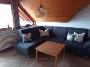 a living room with a blue couch and a table at Holiday flat with balcony in Black Forest in Furtwangen