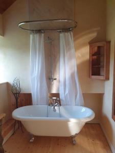 a bath tub with a shower in a bathroom at Driftwood Cottage in Yelverton +46 photos
