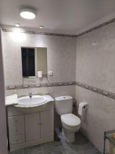 ein Badezimmer mit einem WC, einem Waschbecken und einem Spiegel in der Unterkunft Beachfront apartment in Estepona