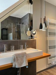 La salle de bains est pourvue d'un lavabo et d'un miroir. dans l'établissement Luxus Lindenhof Apartments, à Zetel
