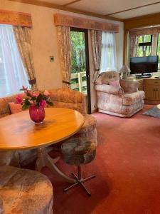 a living room with a table and chairs and a television at 55 Glenfinart Caravan Park in Dunoon