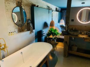 ein Badezimmer mit einer Badewanne, einem Waschbecken und einem Spiegel in der Unterkunft La Cambrousse 