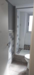 a bathroom with a toilet and a shower with a window at Precioso piso-apartamento en barrio de Zaragoza in Zaragoza