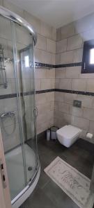 uma casa de banho com um chuveiro e um WC. em Anna Maria Apartment em Skala Marion