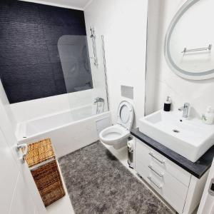 a bathroom with a sink and a toilet and a mirror at Comfort cosmopolis in Ştefăneştii de Jos +8 photos