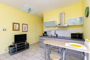 a kitchen with yellow walls and a counter top at Apartments Rada i Stanislav in Barbat na Rabu +54 photos