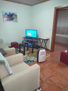 a living room with a couch and a tv at Casa dos Avós in São Roque do Pico