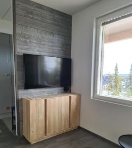 sala de estar con TV de pantalla plana en la pared en Polar Charm A, en Ylläs