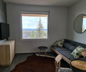 a living room with a blue couch and a window at Polar Charm A in Ylläs
