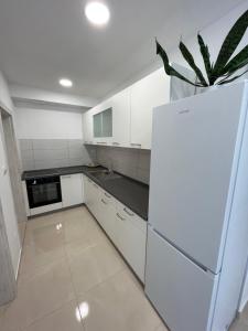 a white kitchen with a refrigerator and a plant at Apartman KIPKOP in Gradac